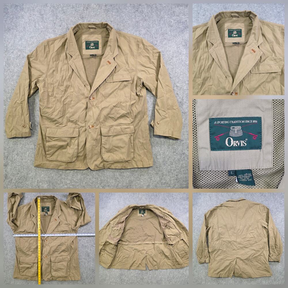 VTG Orvis Jacket Mens Large Beige Canvas Field Safari Fishing Mesh Lined Pockets